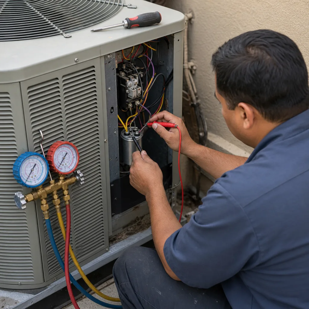 HVAC technician performing professional air conditioning system installation and maintenance