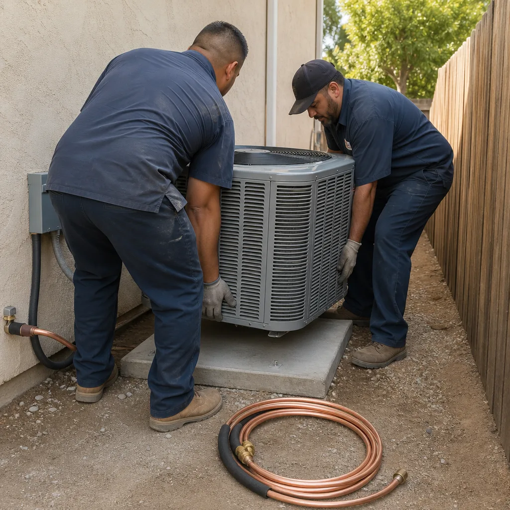 Two HVAC technicians installing an outdoor air conditioning unit