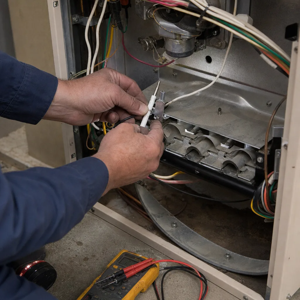 HVAC technician performing a professional furnace repair on a heating unit