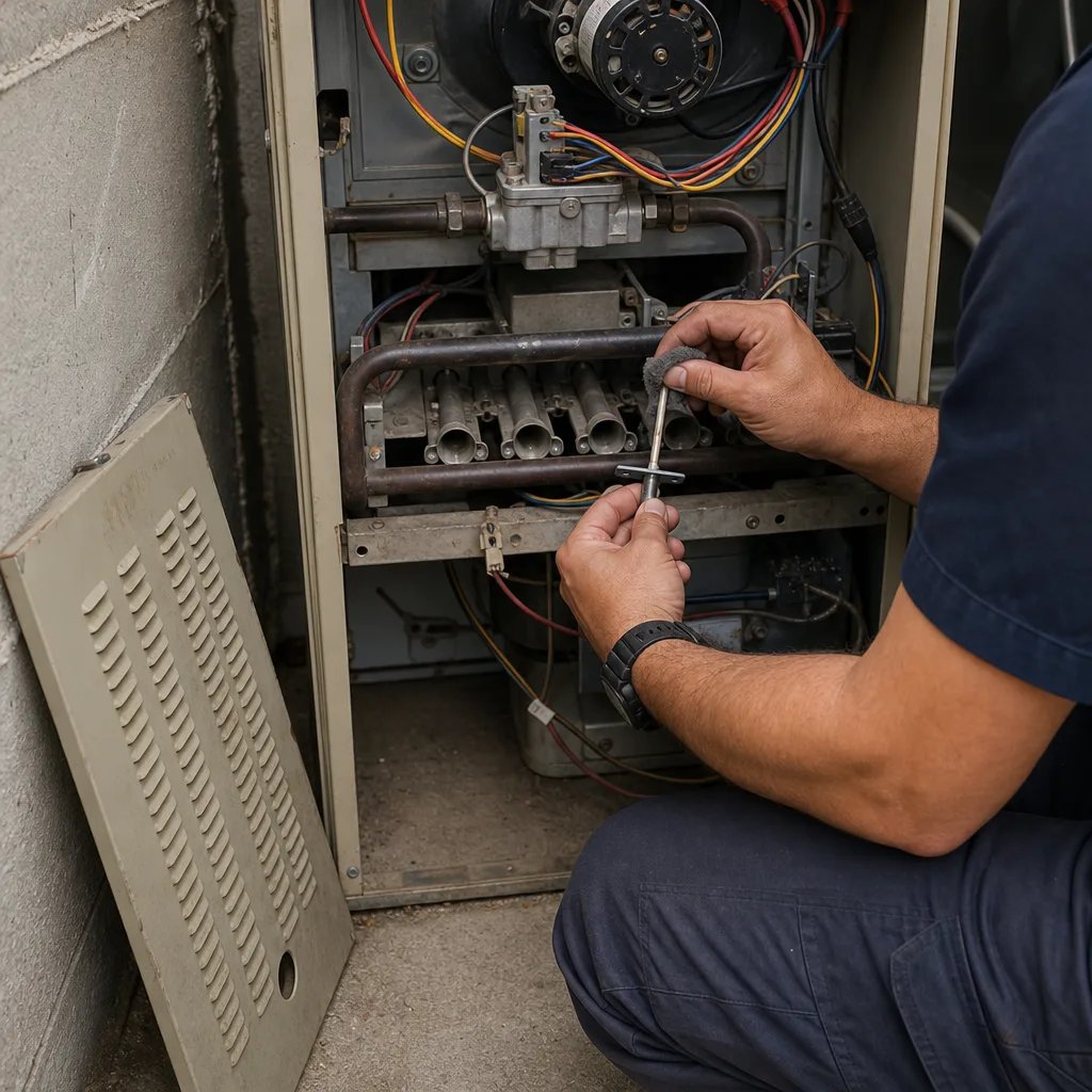 HVAC technician cleaning a furnace flame sensor during a repair