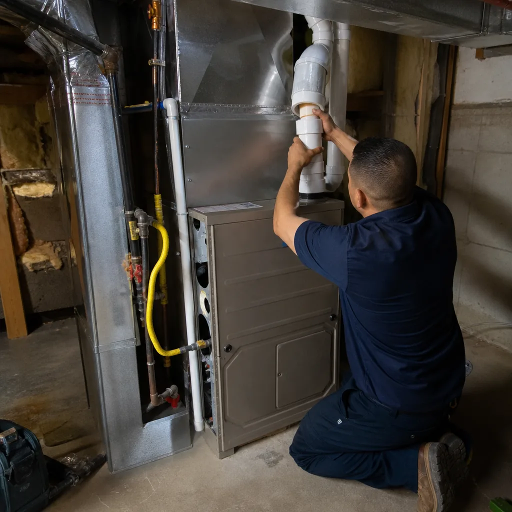 HVAC technician performing professional furnace repair and maintenance service